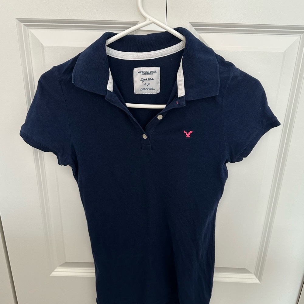 Y2K VINTAGE American Eagle Outfitters Dark Blue Polo with Pink Logo